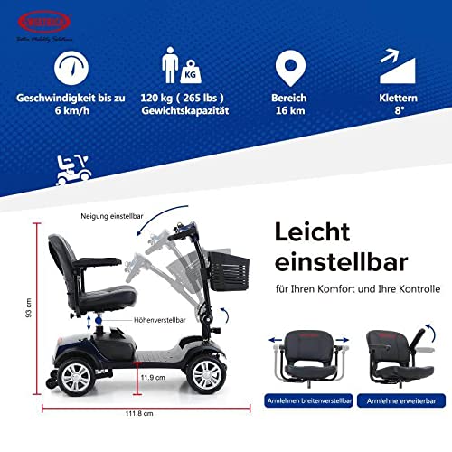 GBHJJ Plegable Scooter Electrico Adulto, 4 Ruedas Scooter EléCtrico Personas con Movilidad Reducida, Adultos, MinusváLidos, Desmontable Manillar Plegable, Asiento Giratorio,Blue