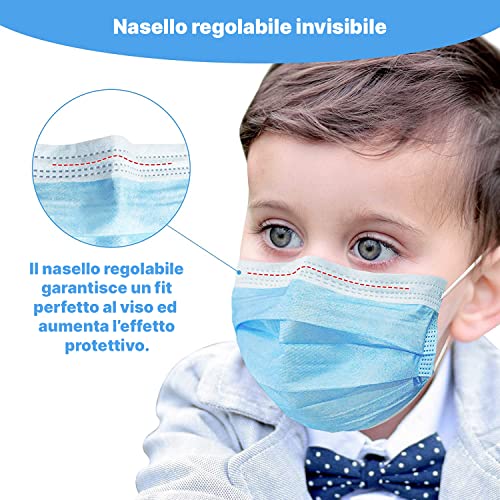 GDA Mascarillas Quirurgicas Para Niños Homologadas CE 100% Hechas en Italia Tres Capas Tipo II EFB ≥ 99% Sin Látex Color Azul Claro 50 Unidades