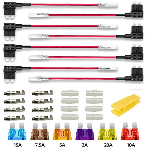 Gebildet 8pcs 12V-24V Estándar Portafusible,Coche Circuito Cuchilla Estilo Adaptador Cable Fusible,Add-A-Circuit Fusible Titular con 6pcs Mediano Fusibles(3A/5A/7.5A/10A/15A/20A)+1pc Extractor