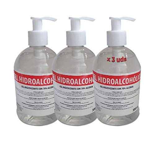 Gel Hidroalcohólico 500 ml 70% alcohol con dosificador [3 Unidades] Fabricado en España