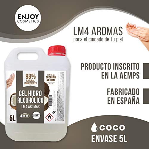 Gel hidroalcohólico, higienizante de 5 litros. Aroma suave a COCO. Glicerina natural para el cuidado piel. 70% Alcohol. Desinfecta e higieniza cuidando tu piel.