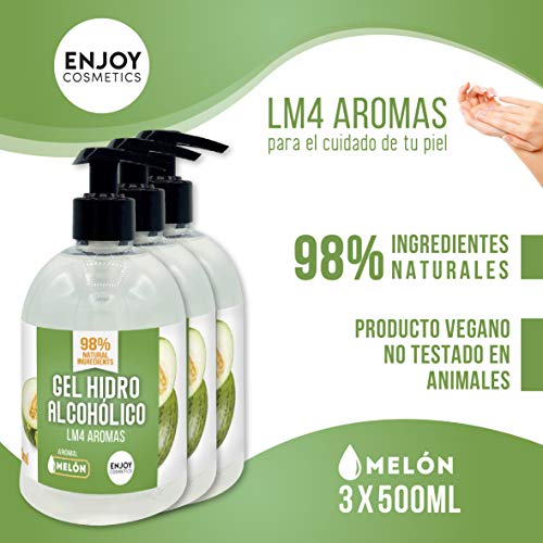 Gel hidroalcohólico NUEVOS AROMAS 3 unidades de 500 ml con 70% alcohol y con glicerina NATURAL para el cuidado de la piel. 98% ingredientes Naturales. (MELON)