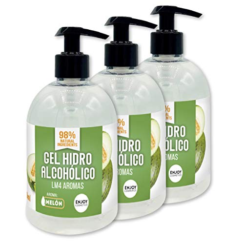 Gel hidroalcohólico NUEVOS AROMAS 3 unidades de 500 ml con 70% alcohol y con glicerina NATURAL para el cuidado de la piel. 98% ingredientes Naturales. (MELON)