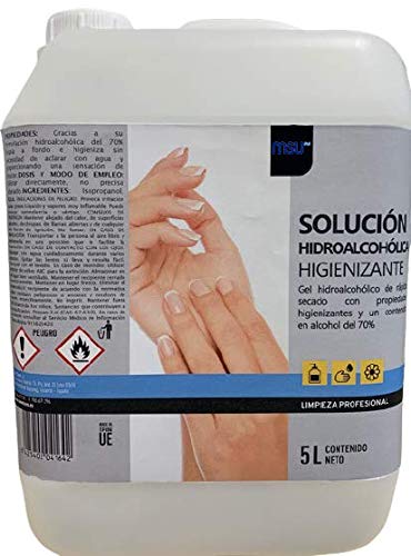 Gel higienizante de manos por fricción, antibacterias de secado instantáneo. Envase 5 Litros