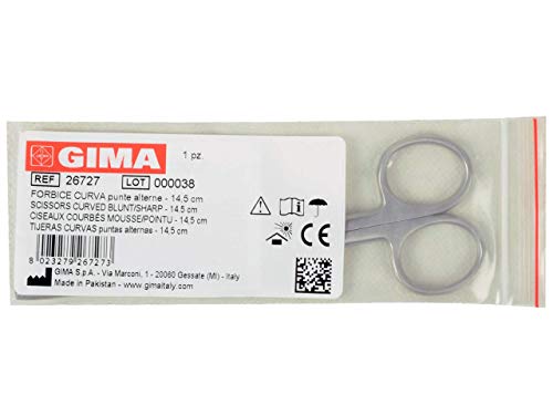 GIMA ref 26727 Tijeras quirúrgicas curvadas en acero inoxidable con puntas alternas para enfermería y uso medical, accesorio del botiquín de primeros auxilios utilizable en hogar médico, 14.5cm