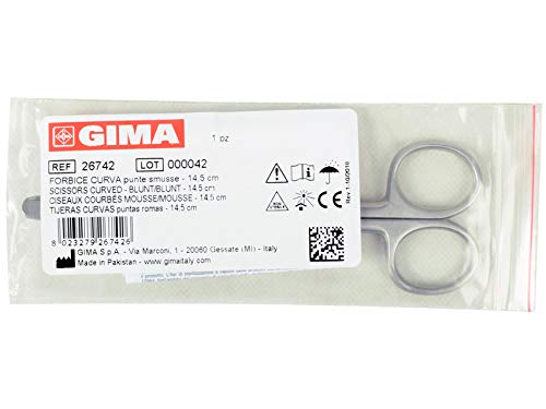 GIMA ref 26742 Tijeras quirúrgicas curvadas en acero inoxidable punta roma para enfermería y uso medical, accesorio del botiquín de primeros auxilios utilizable en hogar médico, 14.5cm