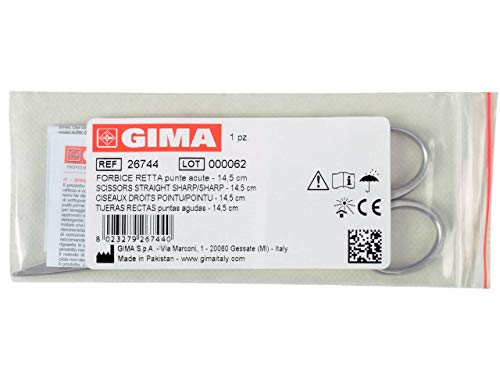 GIMA ref 26744 Tijeras quirúrgicas rectas en acero inoxidable punta recta aguda para enfermería y uso medical, accesorio del botiquín de primeros auxilios utilizable en hogar médico, 14.5cm