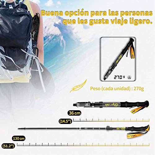 Glymnis Bastones de Senderismo Bastones Trekking Plegables 2pcs 36cm-130cm de Aleación de Aluminio 7075 y EVA para Senderismo Alpinismo Trail Viaje