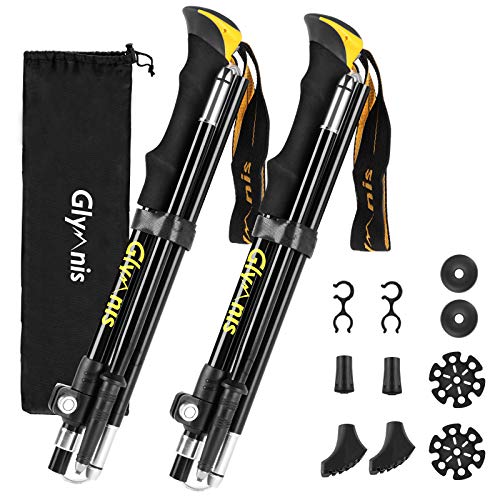 Glymnis Bastones de Senderismo Bastones Trekking Plegables 2pcs 36cm-130cm de Aleación de Aluminio 7075 y EVA para Senderismo Alpinismo Trail Viaje