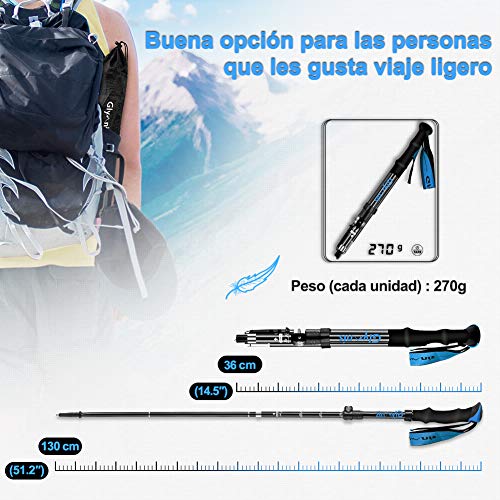 Glymnis Bastones de Senderismo Bastones Trekking Plegables 2pcs 36cm~130cm de Aleación de Aluminio 7075 y EVA para Senderismo Alpinismo Trail Viaje Azul