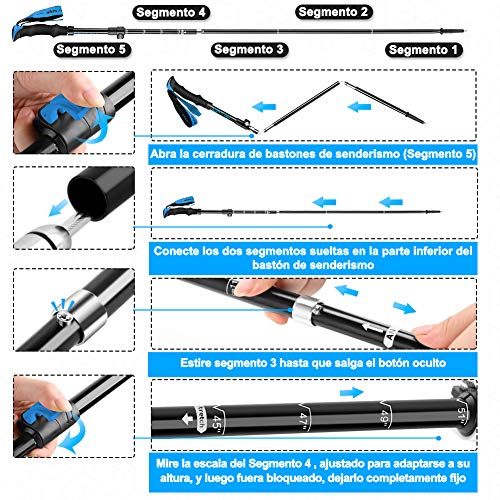 Glymnis Bastones de Senderismo Bastones Trekking Plegables 2pcs 36cm~130cm de Aleación de Aluminio 7075 y EVA para Senderismo Alpinismo Trail Viaje Azul