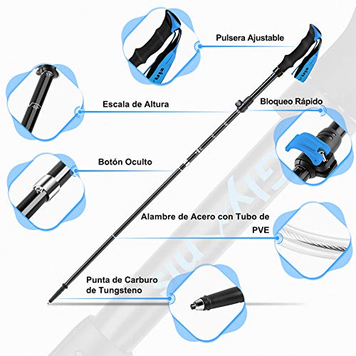 Glymnis Bastones de Senderismo Bastones Trekking Plegables 2pcs 36cm~130cm de Aleación de Aluminio 7075 y EVA para Senderismo Alpinismo Trail Viaje Azul