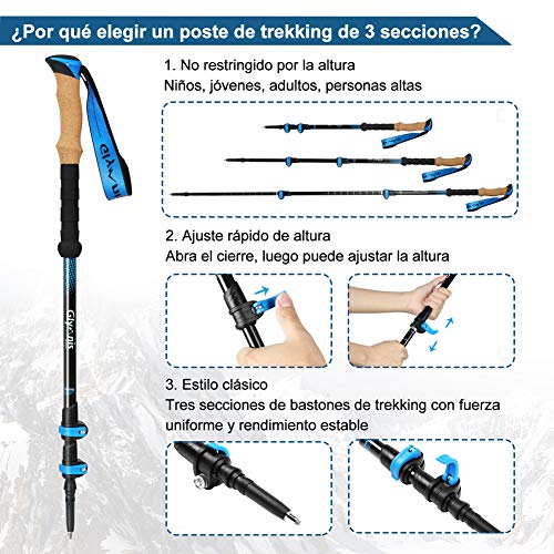 Glymnis Bastones de Senderismo Telescópicos Bastones Trekking Plegables 2pcs Ajustable 65cm~135cm de Aleación de Aluminio 7075 y Mango de Corcho para Senderismo Alpinismo Trail Viaje