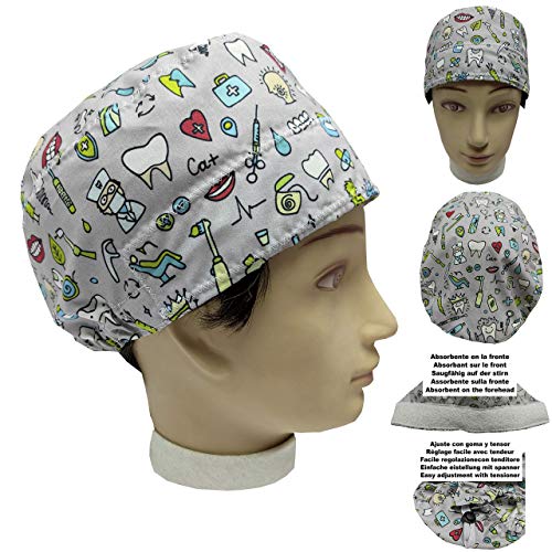 Gorro Dentista Unisex INSTRUMENTAL ODONTOLOGIA Pelo Corto hombre mujer Toalla absorbente en la frente, ajustable al gusto con tensor y goma sin nudos Facil y comodo