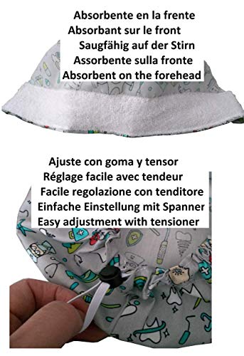 Gorro quirófano INSTRUMENTAL ODONTOLOGIA con Botones y Nombre Bordado en Opciones Pelo largo Enfermera Dentista con absorbente en la frente y ajustable