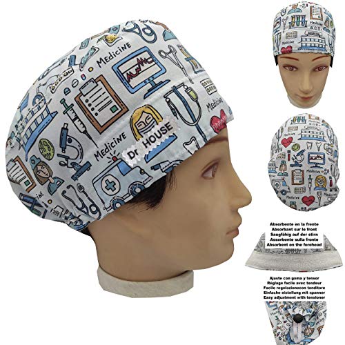 Gorro quirófano Unisex INSTRUMENTAL MEDICO con botones y nombre bordado en opciones Medico Enfermería Dentista Veterinario Cocinero Ajustable y con Toalla en la frente BolsoHatillo TC