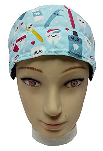 Gorros Dentista DIENTES FELICES para Pelo Largo enfermera mujer Tira absorbente en la frente, goma con tensor ajustable fácil y cómodo