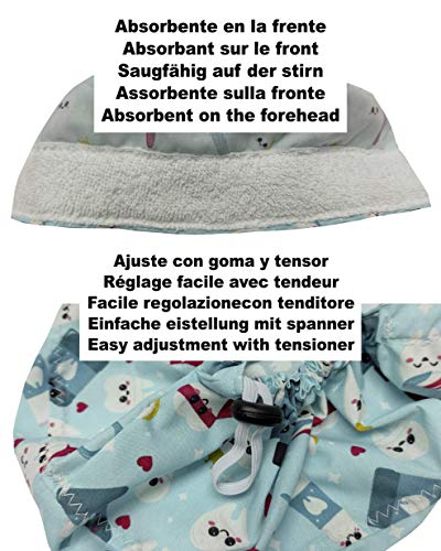Gorros Dentista DIENTES FELICES para Pelo Largo enfermera mujer Tira absorbente en la frente, goma con tensor ajustable fácil y cómodo