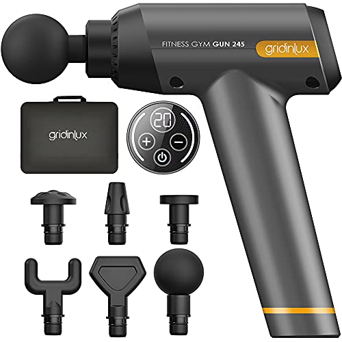 Gridinlux. Pistola Masaje muscular GUN 245 | 6 Cabezales | 20 Niveles | 1800-2450 rpm | Masajeador eléctrico cervical, espalda, brazos, pies, piernas, abdomen | Pantalla LCD | Masaje por Percusión