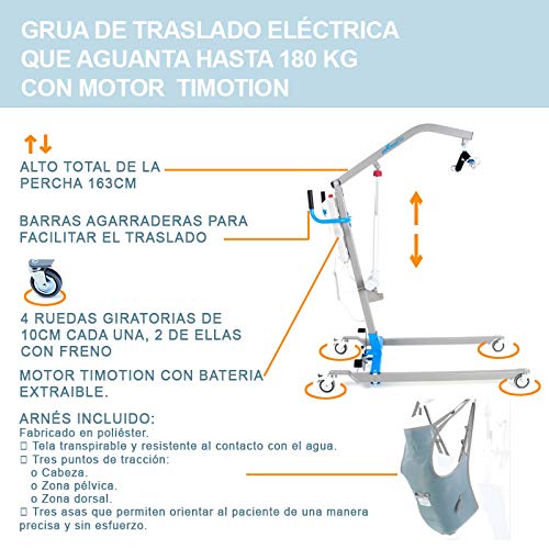 Grúa eléctrica para elevación y traslado de pacientes y mayores hasta 180 kilos, con arnés incluido | Grúa hospitalaria