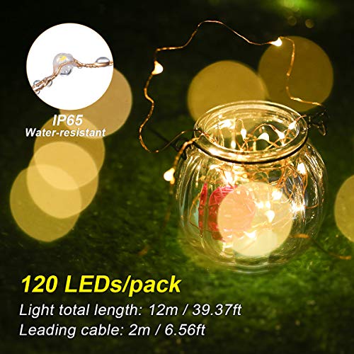 Guirnaldas Luces Exterior Solar,2 Pack 12m 120LEDs Luces Solares LED Exterior Jardin con IP65 Impermeable y 8 Modos,Cadena de Luces Led Decorativas para Navidad,Fiestas,Bodas(Blanco Cálido)