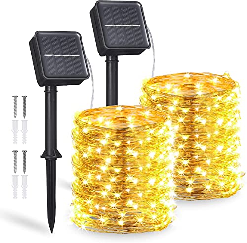 Guirnaldas Luces Exterior Solar,2 Pack 12m 120LEDs Luces Solares LED Exterior Jardin con IP65 Impermeable y 8 Modos,Cadena de Luces Led Decorativas para Navidad,Fiestas,Bodas(Blanco Cálido)