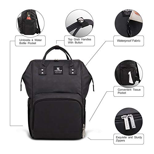 Hafmall Mochilas para Pañales de Viaje Impermeable para Bebés, Elegante Bolsos para Pañales de Gran Capacidad con Cambiador y Ganchos Carrito Bebé (Negro)