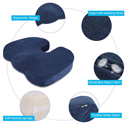 HALOVIE Cojin Coxis de Espuma Memoria Cojín Ortopédico Almohada Alivia el Dolor y Corrige Postura Funda Lavable para Sillas de Oficina, Coche, Avión, Silla de Ruedas, Azul