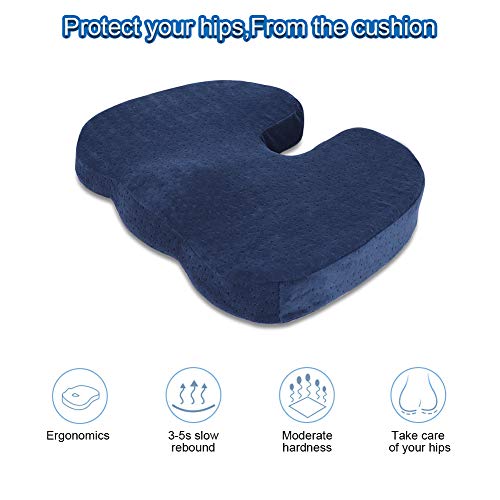 HALOVIE Cojin Coxis de Espuma Memoria Cojín Ortopédico Almohada Alivia el Dolor y Corrige Postura Funda Lavable para Sillas de Oficina, Coche, Avión, Silla de Ruedas, Azul