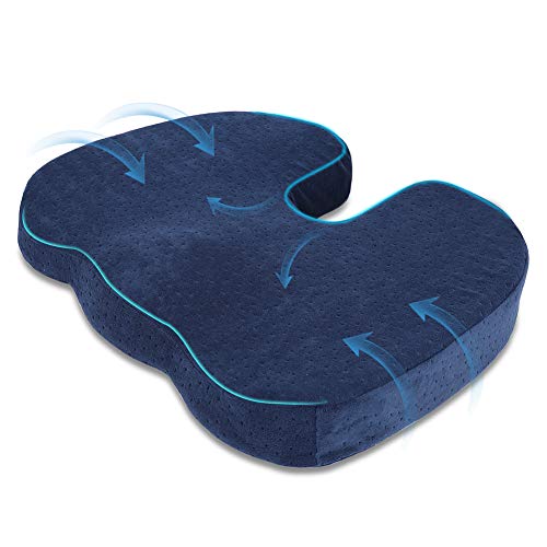 HALOVIE Cojin Coxis de Espuma Memoria Cojín Ortopédico Almohada Alivia el Dolor y Corrige Postura Funda Lavable para Sillas de Oficina, Coche, Avión, Silla de Ruedas, Azul