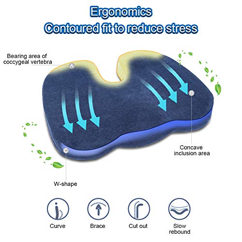 HALOVIE Cojin Coxis de Espuma Memoria Cojín Ortopédico Almohada Alivia el Dolor y Corrige Postura Funda Lavable para Sillas de Oficina, Coche, Avión, Silla de Ruedas, Azul