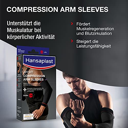 Hansaplast Manga de compresión deportiva para brazos, soporte para la musculatura, codo con compresión que promueve la circulación muscular, 1 par, talla S/M