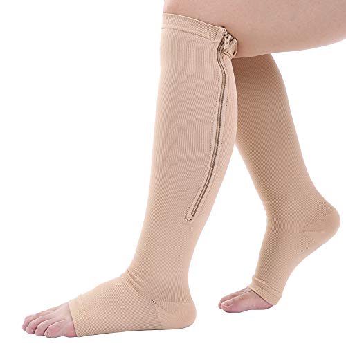 Haofy Calcetines de compresión para Mujeres y Hombres, Medias de compresión, sin Dedos, con Cremallera en la Pantorrilla, Calcetines de compresión con gradiente médico de compresión(L/XL-Piel)