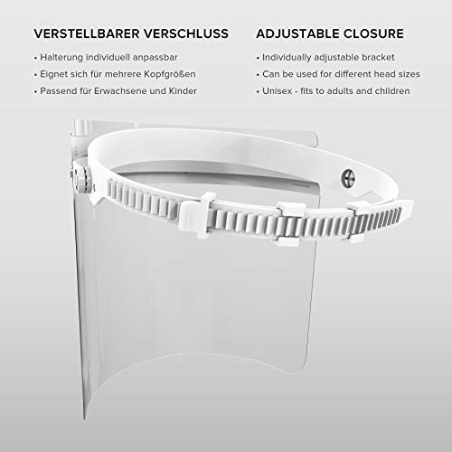 HARD Pantalla Protección Facial 1 x Soporte y 2 x Viseras intercambiables, Face Shield abatible con antivaho, Visera con cierre ajustable - Blanco/Blanco