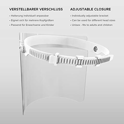 HARD Pantalla Protección Facial 1 x Soporte y 2 x Viseras intercambiables, Face Shield abatible con antivaho, Visera con cierre ajustable - Transparente/Blanco