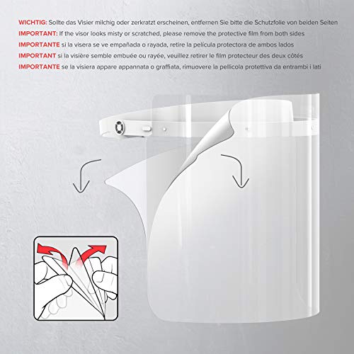 HARD Pantalla Protección Facial 1 x Soporte y 2 x Viseras intercambiables, Face Shield abatible con antivaho, Visera con cierre ajustable - Transparente/Blanco