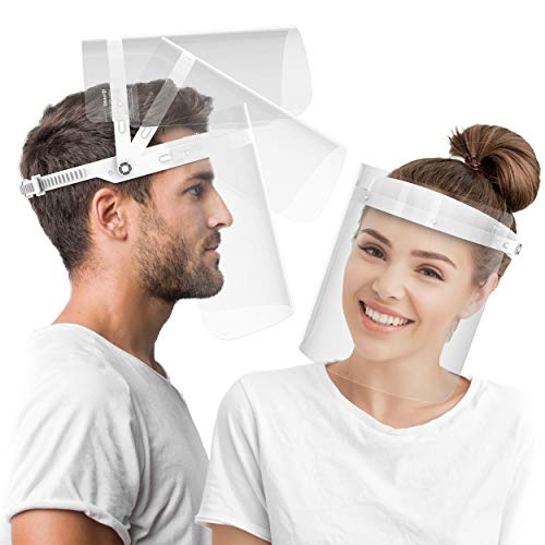 HARD Pantalla Protección Facial 1 x Soporte y 2 x Viseras intercambiables, Face Shield abatible con antivaho, Visera con cierre ajustable - Transparente/Blanco