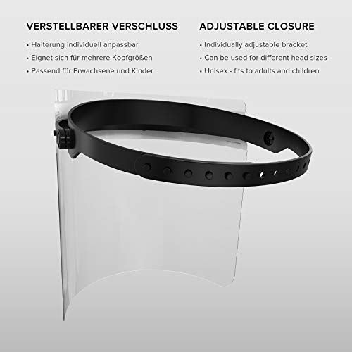 HARD Pantalla Protección Facial 1 x Soporte y 2 x Viseras intercambiables, Face Shield abatible con antivaho, Visera con cierre Cap ajustable - Blanco/Negro