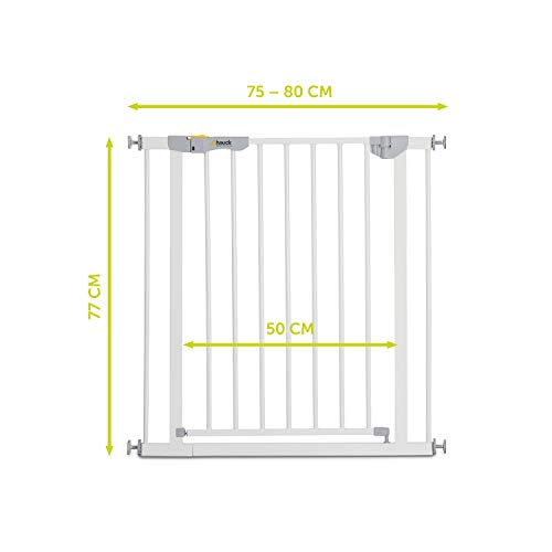 Hauck Barrera de Seguridad de Niños para Puertas y Escaleras Open N Stop Safety, Sin Agujeros, 75 - 80 cm, Extensible con Extensiones por Separado, Metal, Blanco