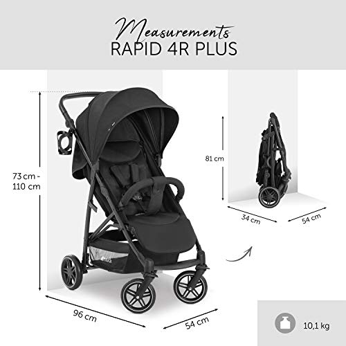 Hauck Rapid 4R Plus Silla paseo de hasta 25 kg, respaldo reclinable desde el nacimiento, capota XL con UPF 50+, manillar regulable con portavasos, plegado con una mano, cesta de la compra grande-negro