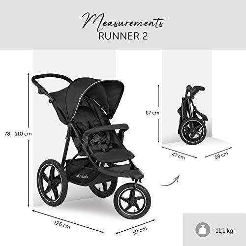 Hauck Silla 3 Ruedas Runner 2 de Hasta 25 Kg, Respaldo Reclinable Desde El Nacimiento, Upf 50+, Grandes Ruedas Neumáticas para Todos los Terrenos, Manillar Ajustable en Altura, Plegado Compacto, Negro