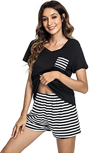 heekpek Conjuntos de Pijamas para Mujer Algodón A Rayas Manga Corta para Verano Pijamas Cuello de Pico Suave Loungewear Ropa de Dormir de Dormir Tops Pantalones Cortos