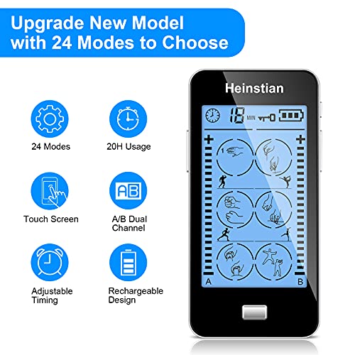 Heinstian Alivio del dolor TENS Pantalla táctil Electroestimulador de 24 Programas de masaje con función tens, ems y masaje, para aliviar el dolor muscular y el fortalecimiento muscular