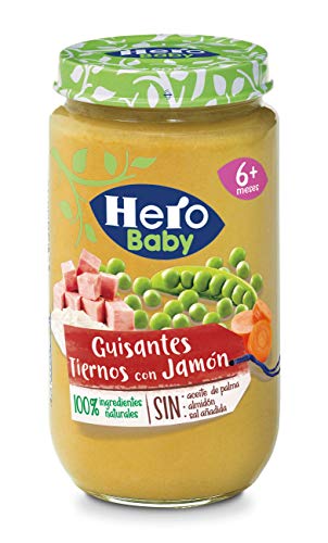 Hero Baby Tarritos de Guisantes Tiernos con Jamón - Para Bebés a Partir de los 6 Meses - Pack de 12 x 235 g