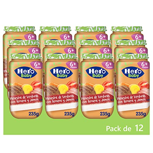 Hero Baby Tarritos de Menestra de Verduras con Ternera y Jamón - Para Bebés a Partir de 6 Meses - Pack de 12 x 235 g