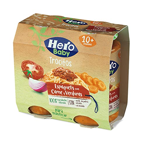 Hero Baby Trocitos Tarritos de Espaguetis Con Carne Y Verduras - Para Bebés a partir de 10 meses- 6 Packs De 2X250G