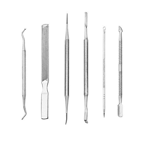 Herramienta de pedicura 6 en 1,Gancho Excavador para Pies,Acero Inoxidable Kit para Uñas Encarnadas Levantador y Lima,cutícula Pusher cortador Recortadora,Limas de uñas