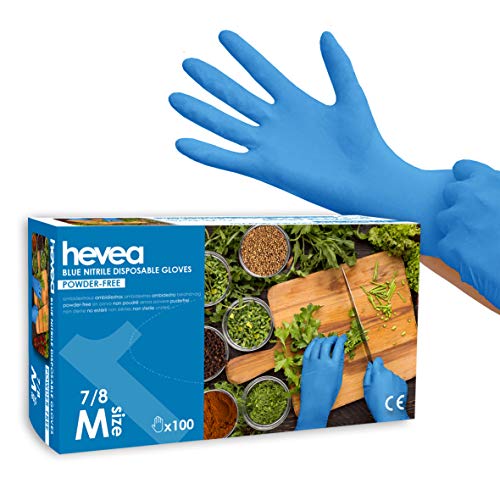 Hevea - Guantes de nitrilo desechables. Sin látex ni talco. Paquete de 5 cajas de 100 guantes cada una. Talla: M (mediana). Color: azul