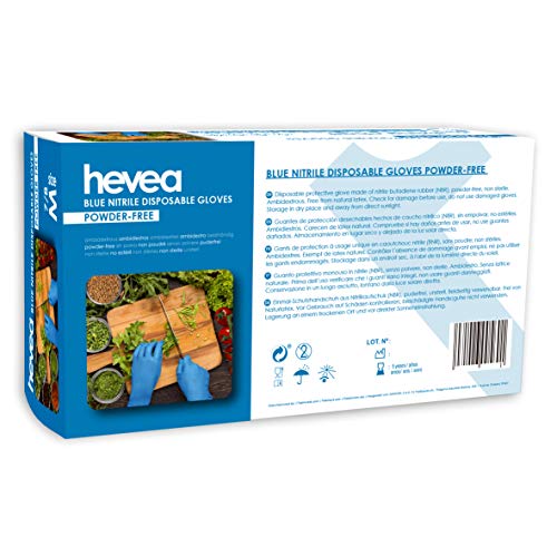 Hevea Guantes Desechables de Nitrilo sin Polvo, Azul, Caja de 100, Talla M