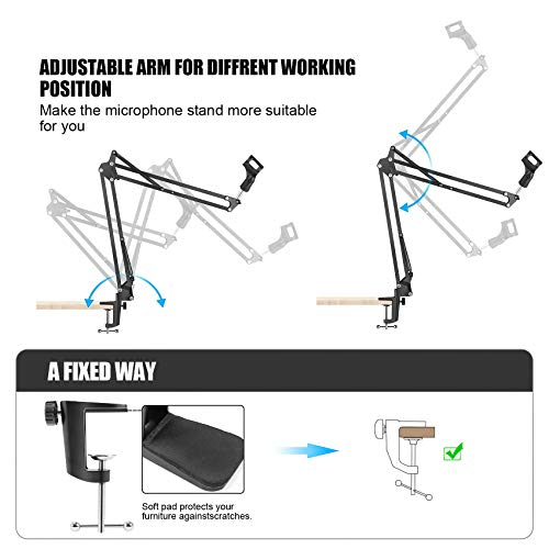 HEXIN Soporte para Micrófono con Araña,Filtro Anti-Pop, Clip de Micrófono et Adaptador,Brazo de Tijera Extensible para Blue Yeti y Otros Micrófonos (negro)